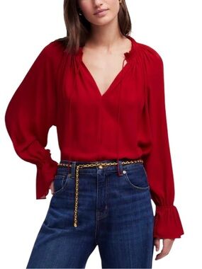 Madewell Front Tie Button-up Split Neck Blouse with smocked cuffs XL CRIMSON Red